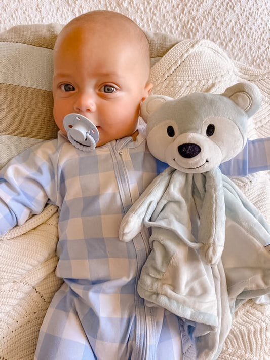 Baby Blue Check Zip Romper