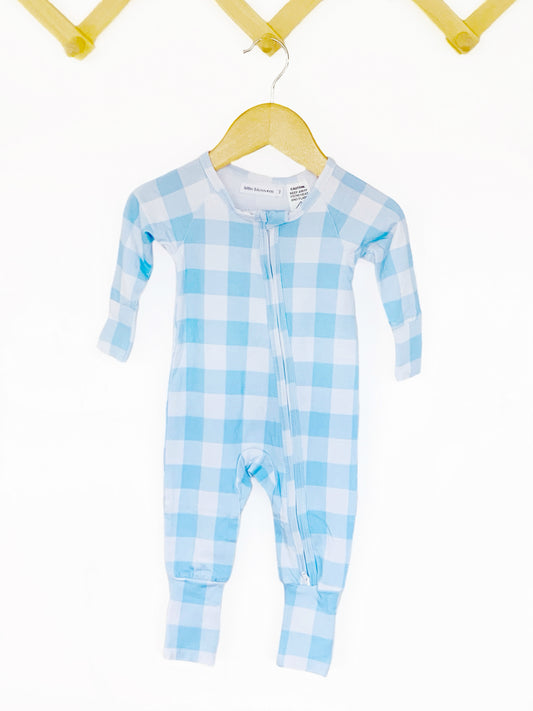 Baby Blue Check Zip Romper